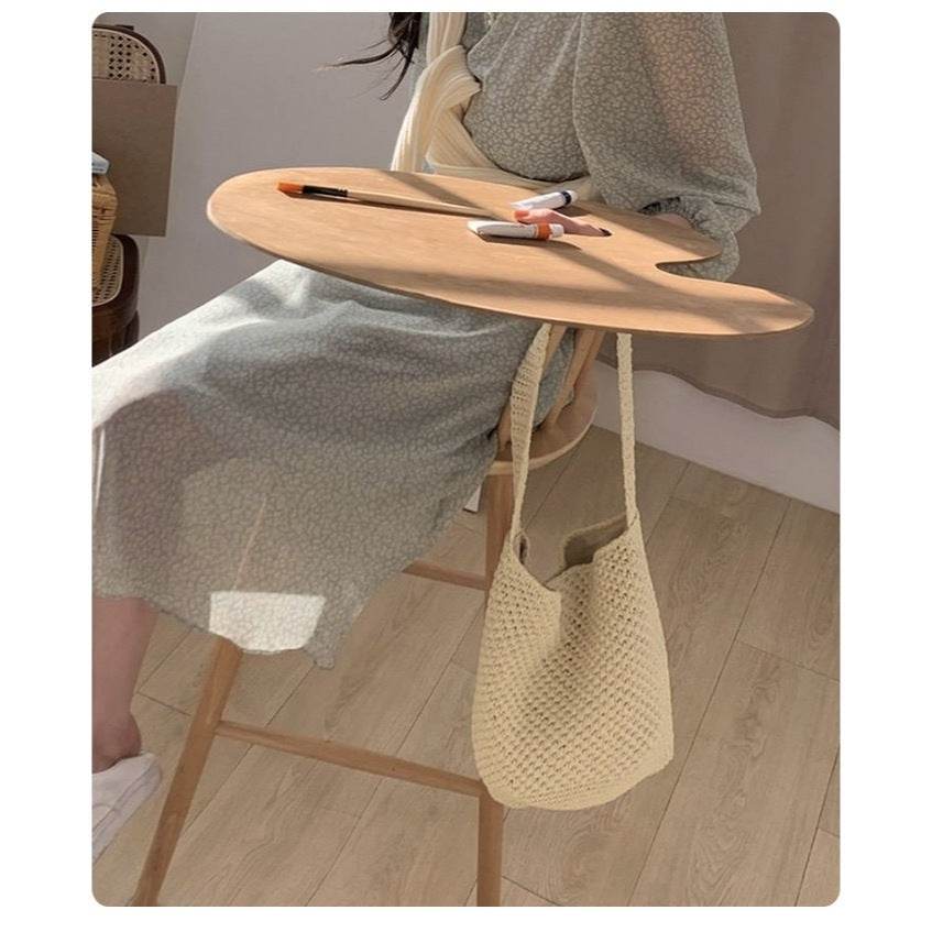 New Korean Style Handwoven Shoulder Bag – Compact Cotton Rope Tote with 35cm Strap | 28cm Width Woven Basket Bag for Daily Wear One-Sake.com สีกากี สีขาวนวล สีกากี-สีขาวนวล-