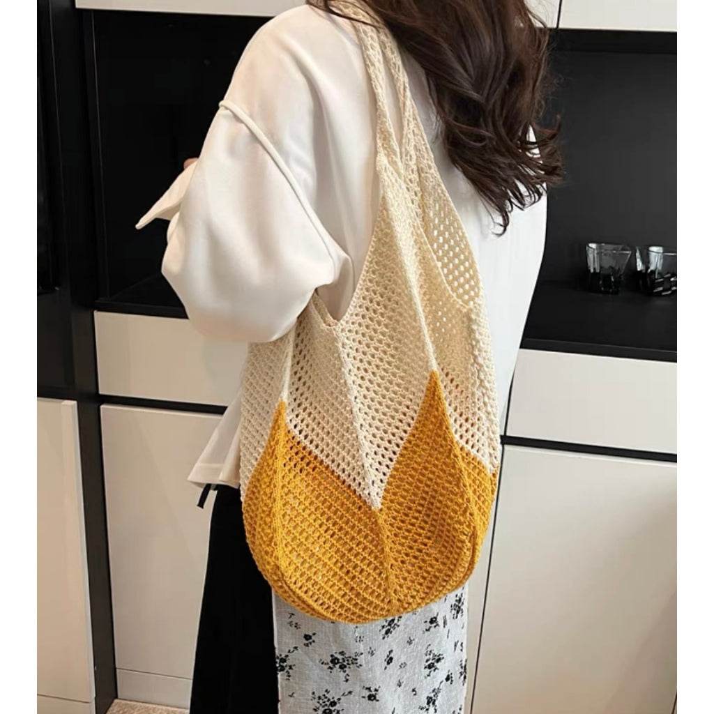 New Korean Style Handwoven Tote Bag – Large Cotton Shoulder Bag with 25cm Strap | Handmade Crafted Design for Women One-Sake.com yellow white off khaki white off-khaki-yellow-