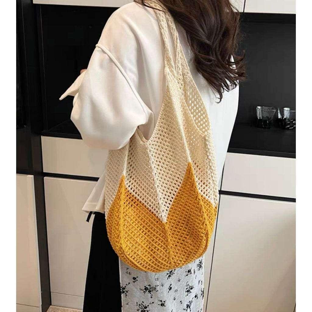 New Korean Handwoven Tote Bag - Large Cotton Shoulder Bag for Women with 25cm Strap | Handmade Design