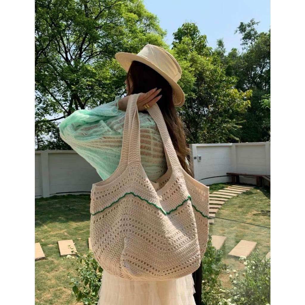 New Korean Style Crochet Shoulder Bag – Large Handmade Cotton Rope Tote | 33cm x 28cm with 58cm Strap One-Sake.com black green red green-red-black-