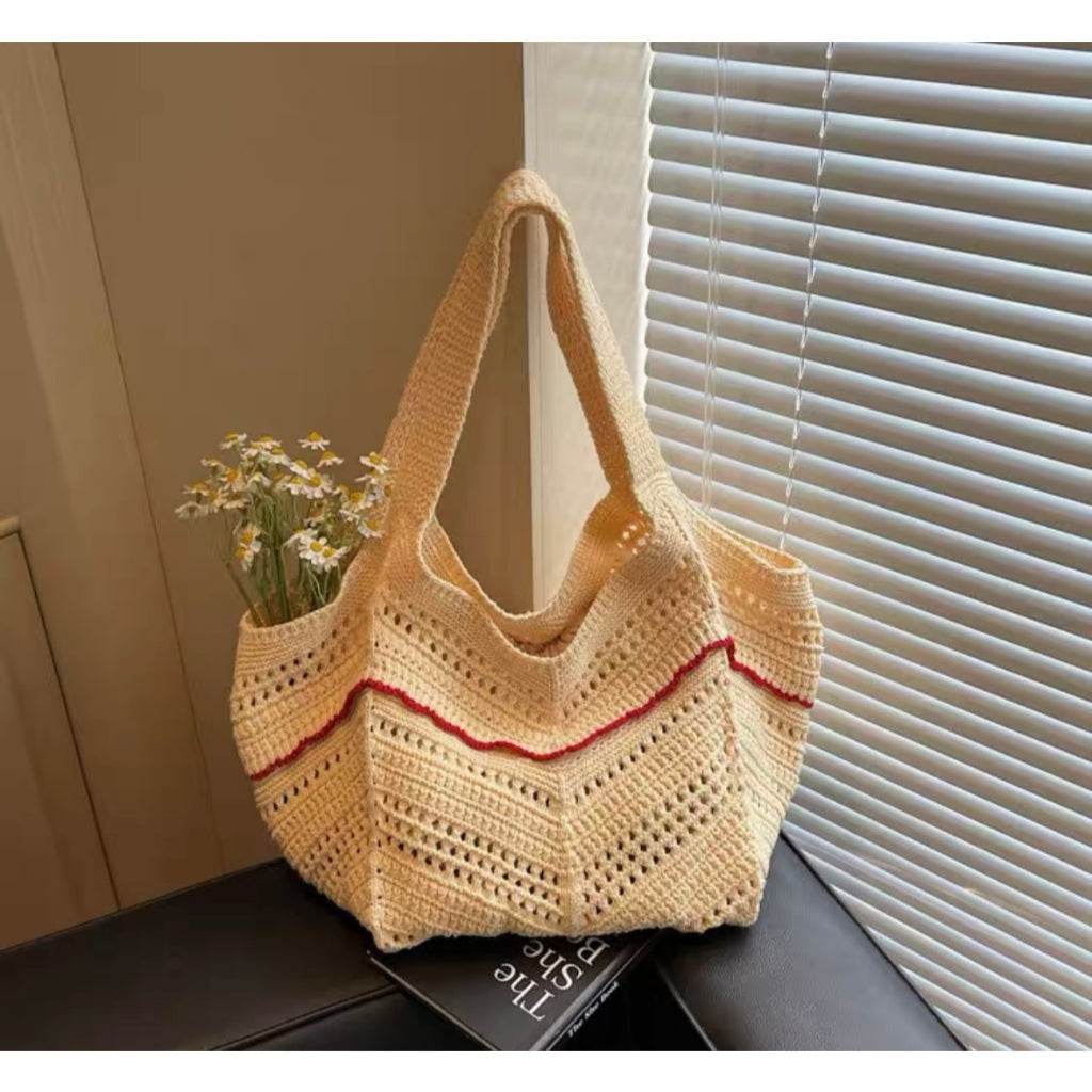 New Korean Style Crochet Shoulder Bag – Large Handmade Cotton Rope Tote | 33cm x 28cm with 58cm Strap One-Sake.com black green red green-red-black-