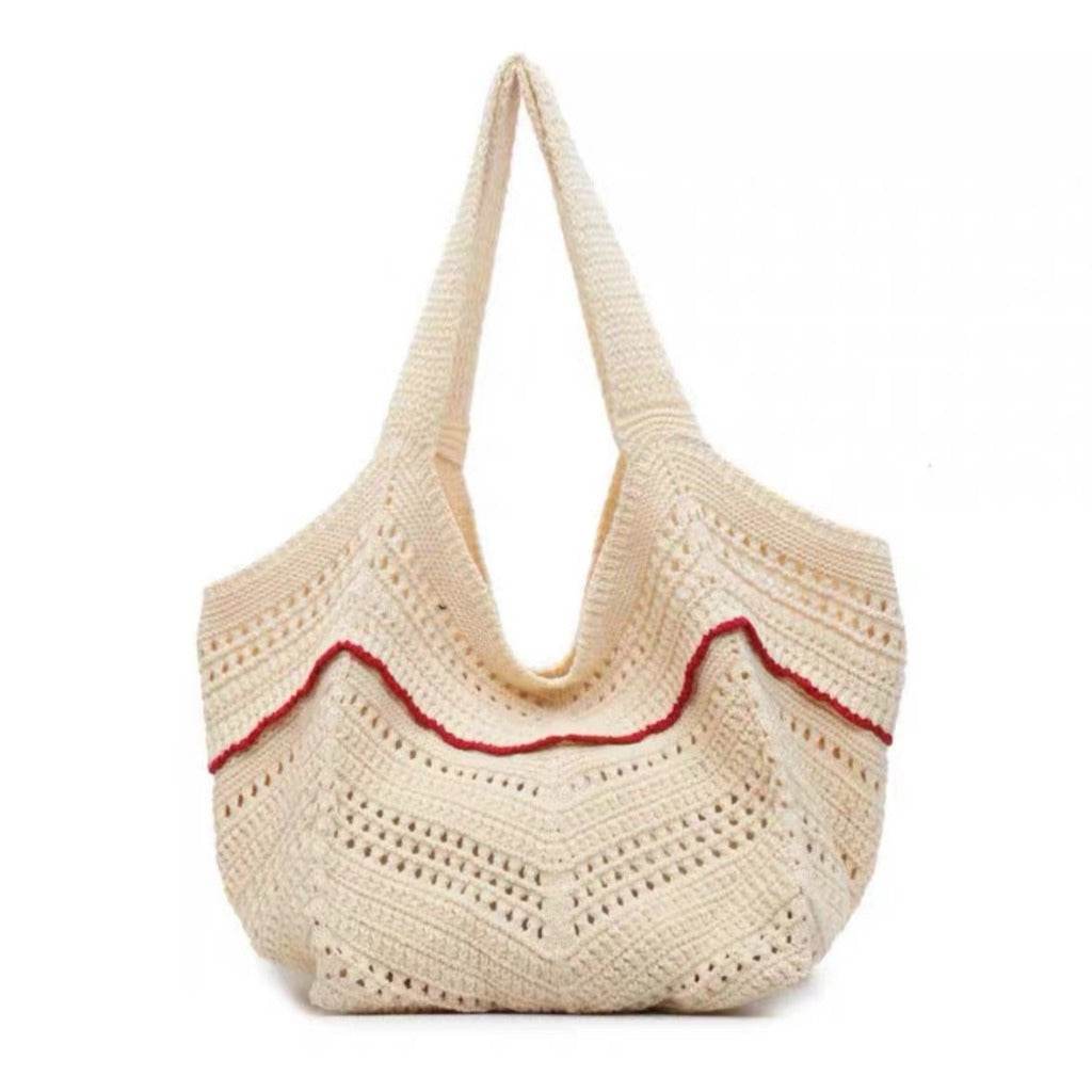New Korean Style Crochet Shoulder Bag – Large Handmade Cotton Rope Tote | 33cm x 28cm with 58cm Strap One-Sake.com black green red green-red-black-