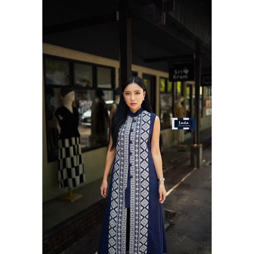 Long Navy Blue Tai Lue Coat - Handwoven Cotton Ethnic Wrap Outfit for Women in M & XL Sizes