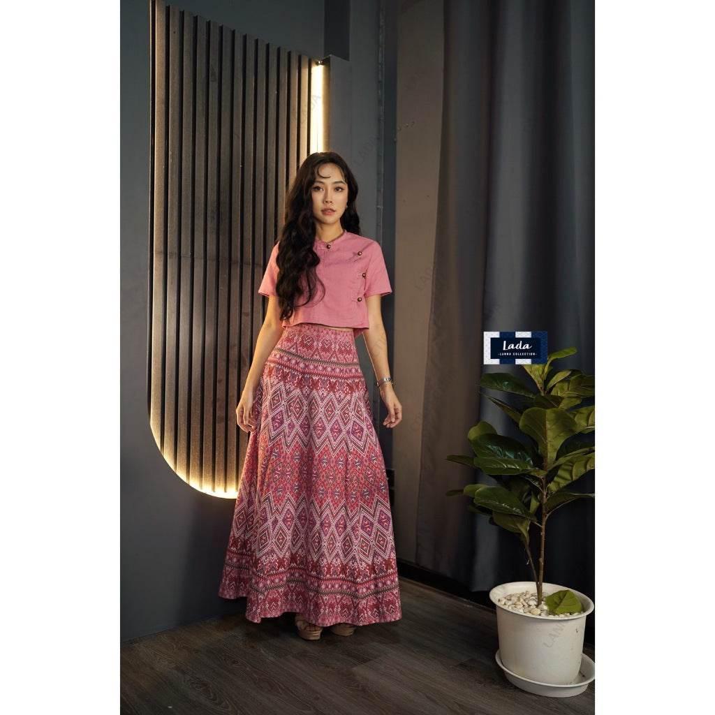 New Pink Cotton Skirt Set - Praewa Phan Maha Print 6-Piece Women's Crop Top & Pleated Outfit | Sizes S–XL ชมพู