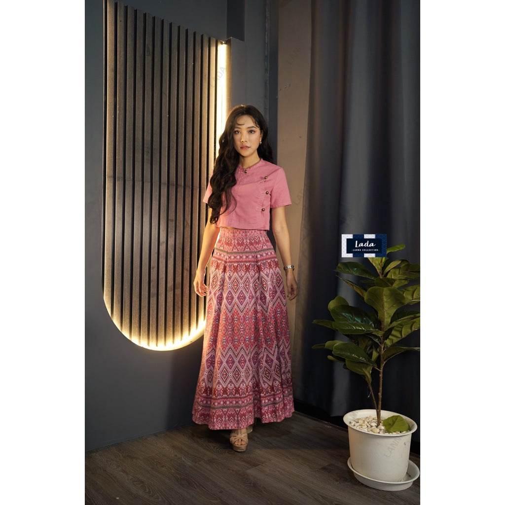 New Pink Cotton Skirt Set - Praewa Phan Maha Print 6-Piece Women's Crop Top & Pleated Outfit | Sizes S–XL