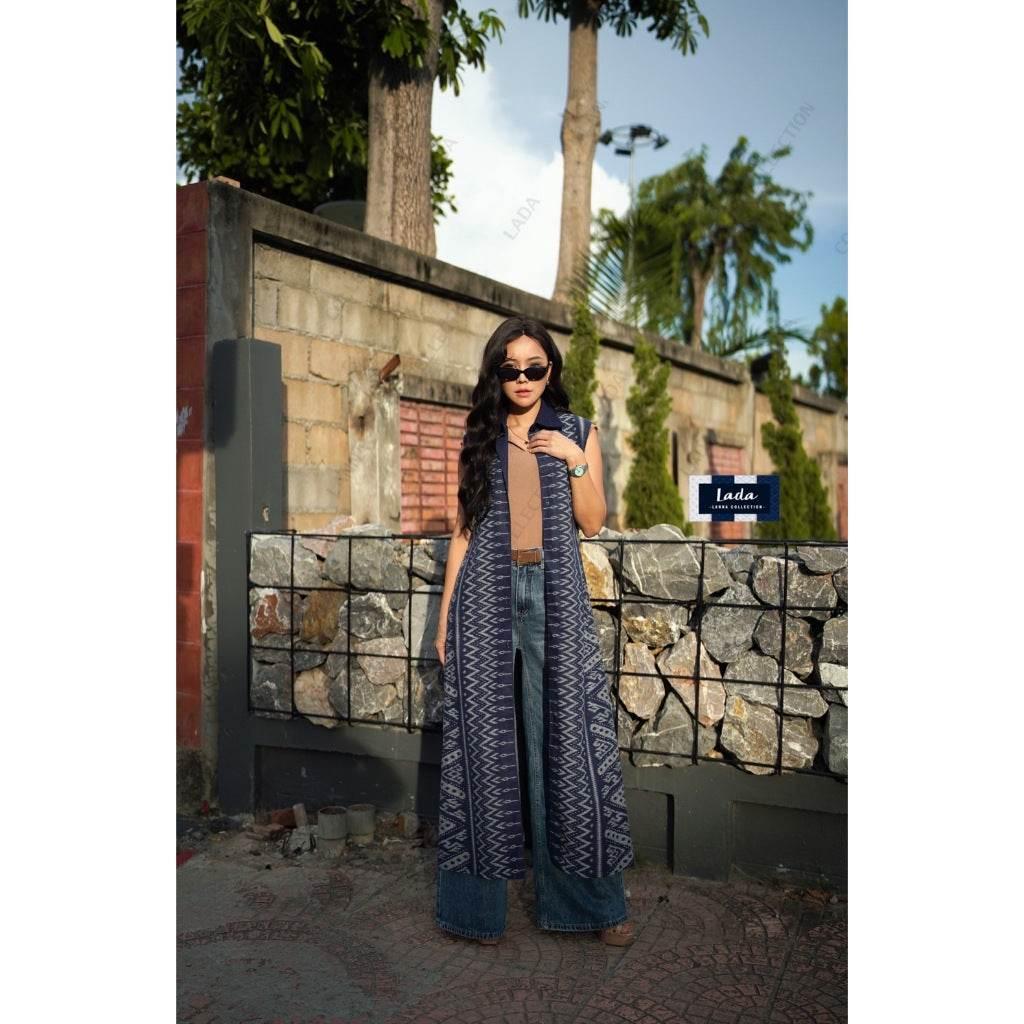 Long Fishbone Print Wrap Coat - Women's Classic Shirt Collar - Available in Sizes M & XL