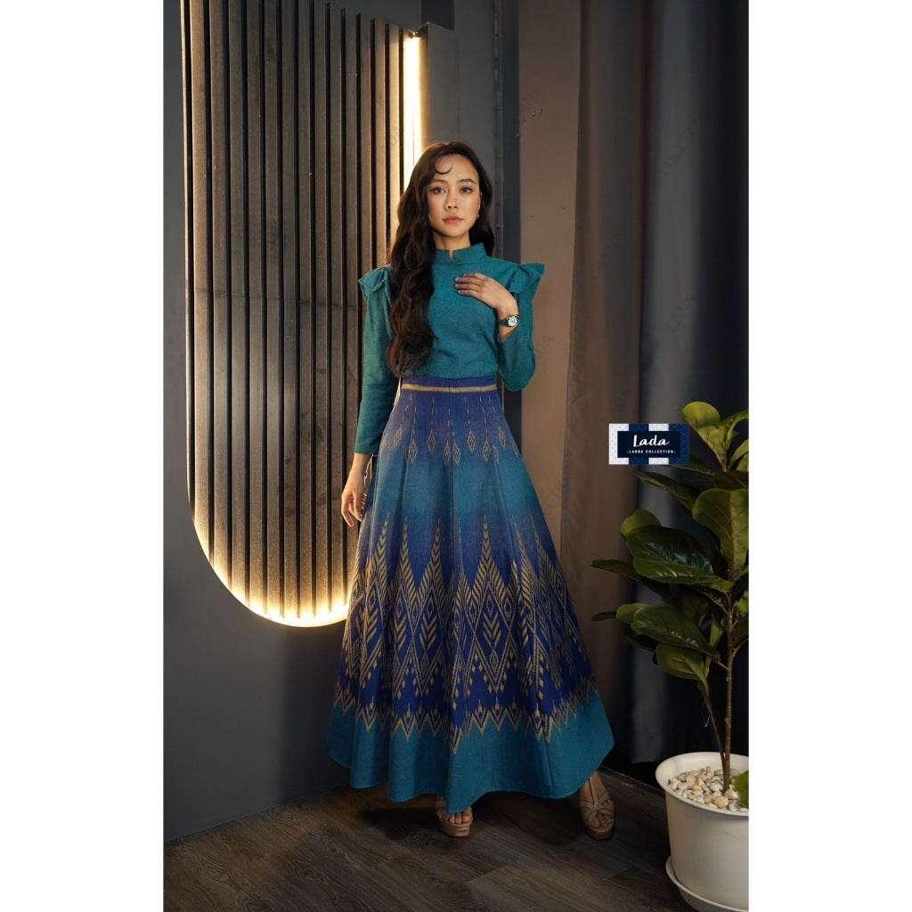 New Pine Pattern Cotton Set - 8-Piece Wing Sleeve Top & Light Purple Ocean Blue Skirt for Women in S–XL Sizes