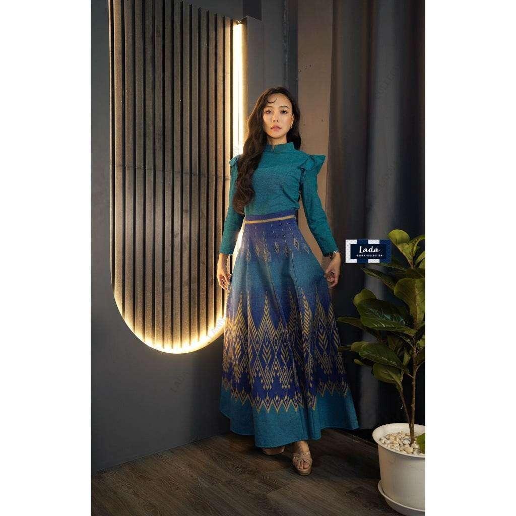 8-Piece High-Waisted Pine Print Skirt | Cotton Thai Pattern Skirt for Women | Sizes 26–32” Waist ฟ้าน้ำทะเล