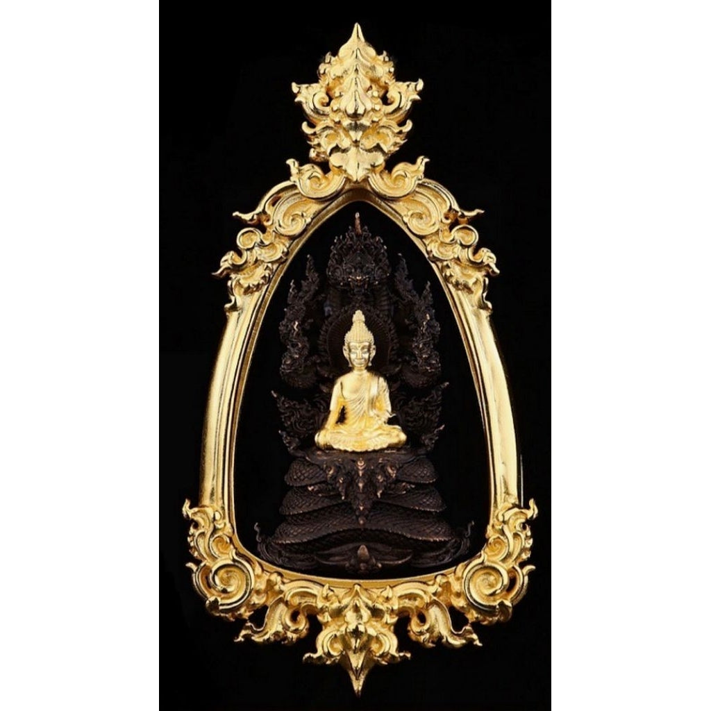 #พระนาคปรก รุ่น #พระพุทธศรีสัตตนาคราชพิทักษ์ ️รายการที่ 1.4 เนื้อนวะโลหะองค์ชุบทอง((+)) พร้อมเลี่ยมกรอบบรอนซ์ชุบทอง