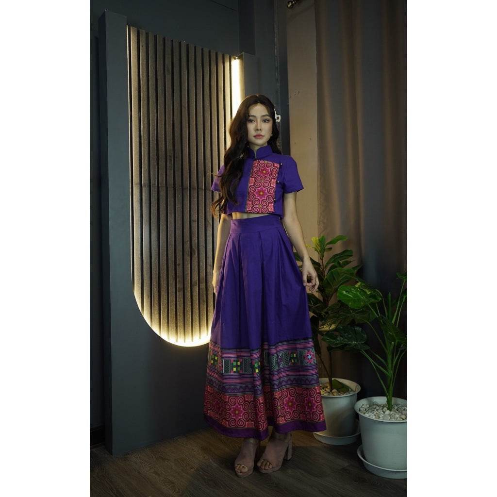 New Chinese Collar Top &amp; Swirl Print Skirt Set – Purple Cotton Outfit | Modest Style for Women One-Sake.com ม่วง / L ม่วง / S ม่วง / M ม่วง / S-ม่วง / M-ม่วง / L-ม่วง / XL-