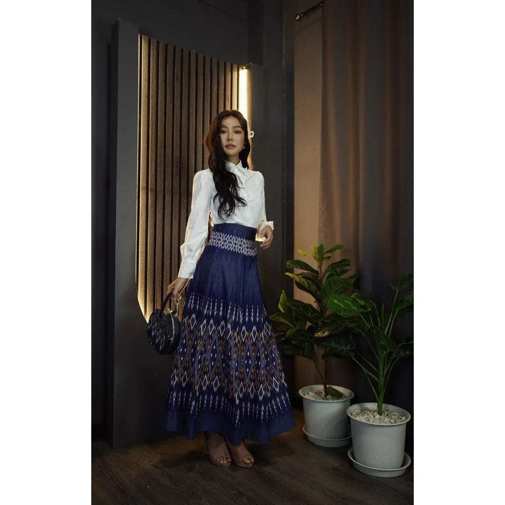 New White Shirt & 8-Piece Praewa Checkered Skirt Set - Traditional Thai Cotton Outfit with Care Tips