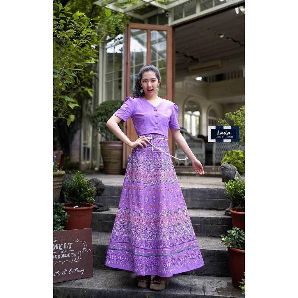 V-Neck Pleated Skirt Set - 6-Piece Cotton Outfit with Praewa Phan Mahaa Pattern in Pink, Red & Purple for Women S–XL ม่วง