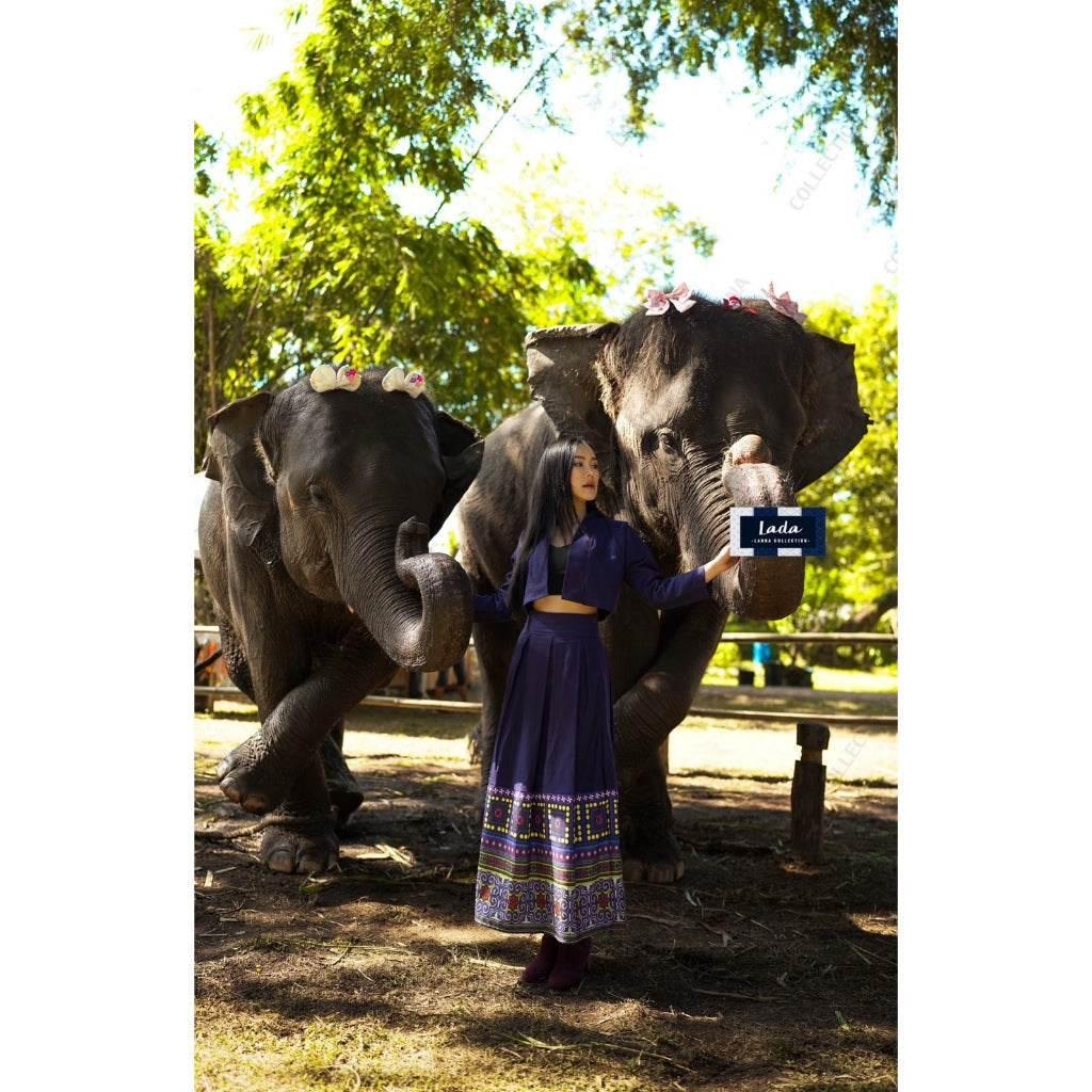 Elegant Swirl Pattern Outfit: Navy Blue Wrap Top and Pleated Skirt Set for Women in Polyester and Cotton | Sizes S–XL