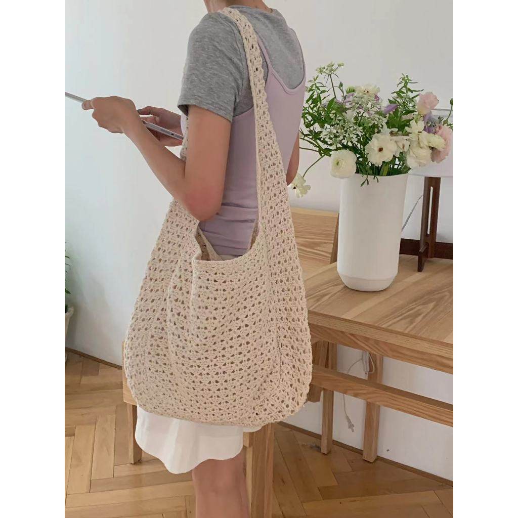 New Korean Style Handwoven Crossbody Bag – Cotton Rope Shoulder Bag with Adjustable Strap | 23x29cm Size for Women One-Sake.com blue khaki white off khaki-white off-blue-pink-purple-