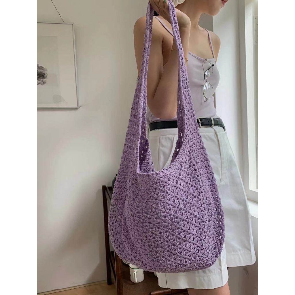 New Korean Style Handwoven Crossbody Bag – Cotton Rope Shoulder Bag with Adjustable Strap | 23x29cm Size for Women One-Sake.com blue khaki white off khaki-white off-blue-pink-purple-