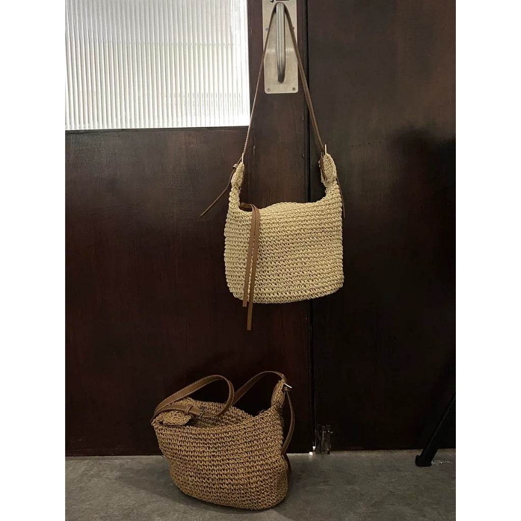 Korean Style Handwoven Cotton Tote Bag – Adjustable Long Strap &amp; Lining | Approx. 21cm x 30cm with 60cm Strap One-Sake.com khaki white off khaki-white off-