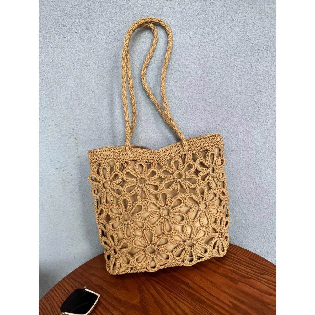 Handwoven Floral Mini Tote Bag for Women – Cotton Rope &amp; Natural Material | 30cm Shoulder Bag with Style &amp; Craftsmanship One-Sake.com khaki white off khaki-white off-
