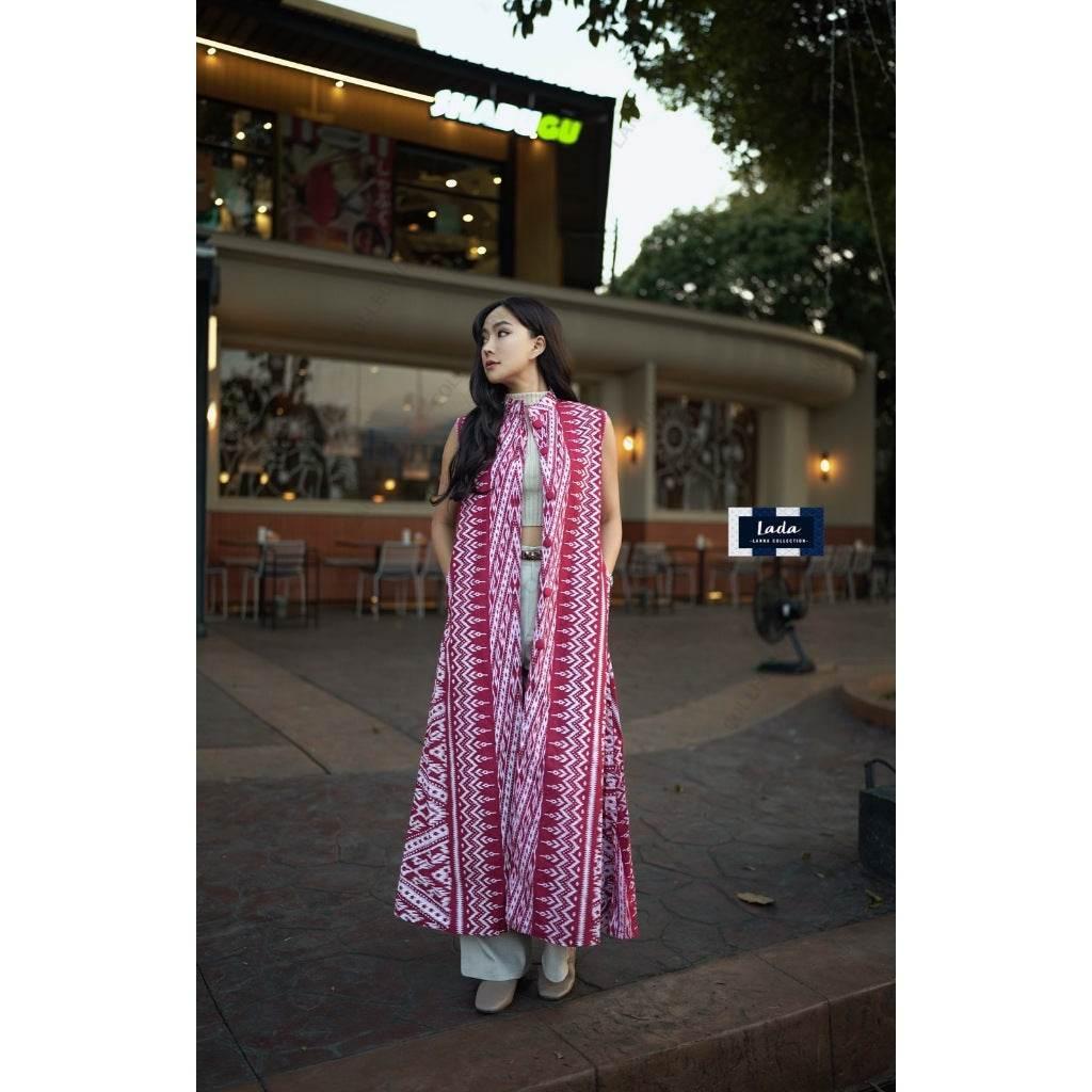 New Lisa Print Long Cotton Wrap Coat for Women – 3 Colors | Hand Wash Only | Sizes S–XL แดง