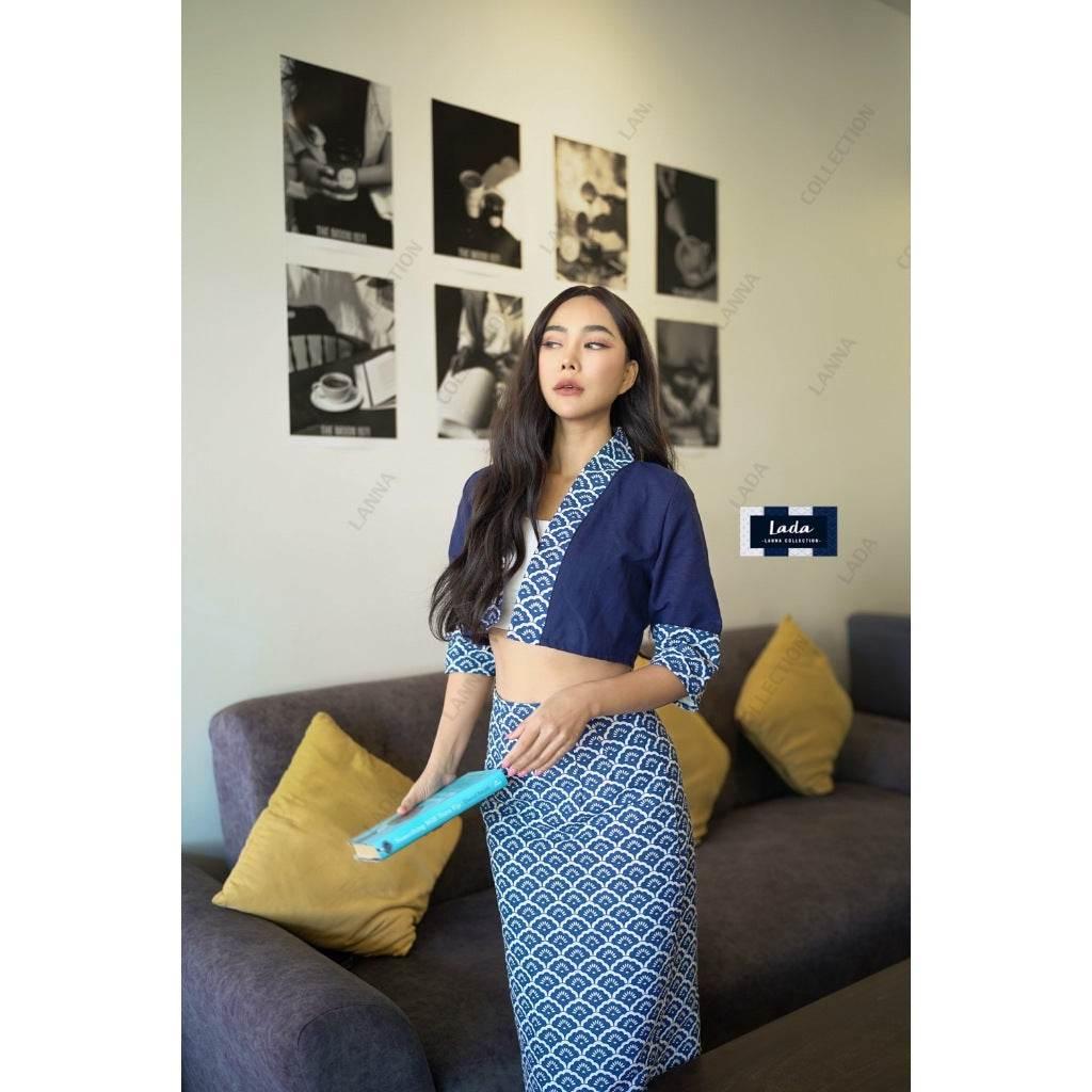 New Fish Scale Print Cotton Set - 4-Panel Cape Sleeve Top & A-Line Skirt in Traditional Lanna Fabric | Women's Sizes S–XL