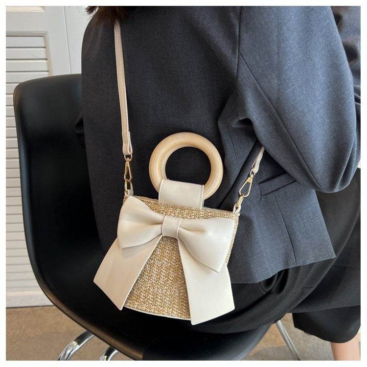 Wooden Handle Bow Shape Handwoven Bag – Perfect for Check-Ins &amp; Photos | Cotton Rope Crossbody Bag with Adjustable Strap One-Sake.com green khaki white khaki-white-green-pink-