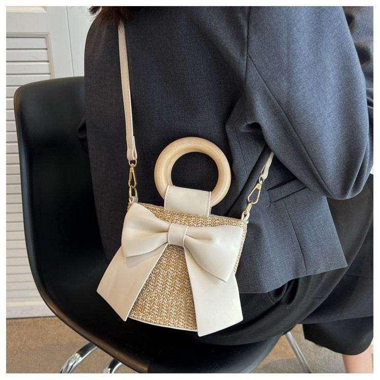 Wooden Handle Handwoven Bag | Cotton Rope Crossbody Bag with Adjustable Strap for Check-Ins & Photos