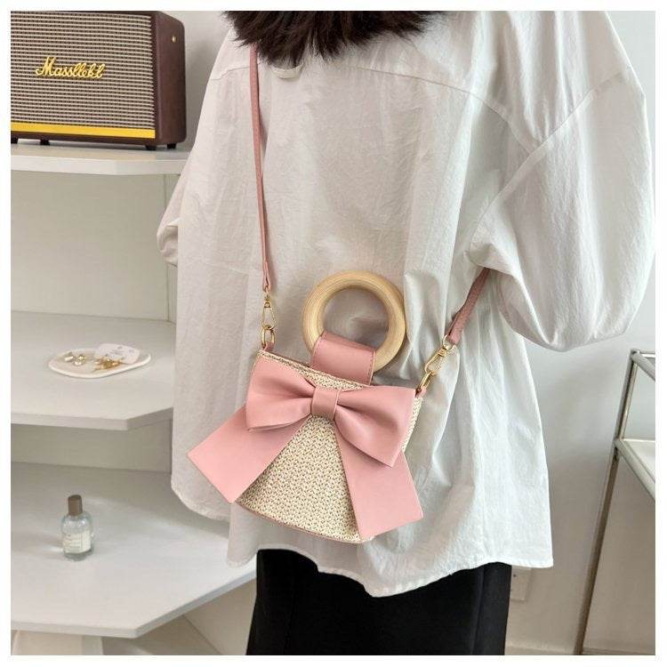 Wooden Handle Bow Shape Handwoven Bag – Perfect for Check-Ins &amp; Photos | Cotton Rope Crossbody Bag with Adjustable Strap One-Sake.com green khaki white khaki-white-green-pink-