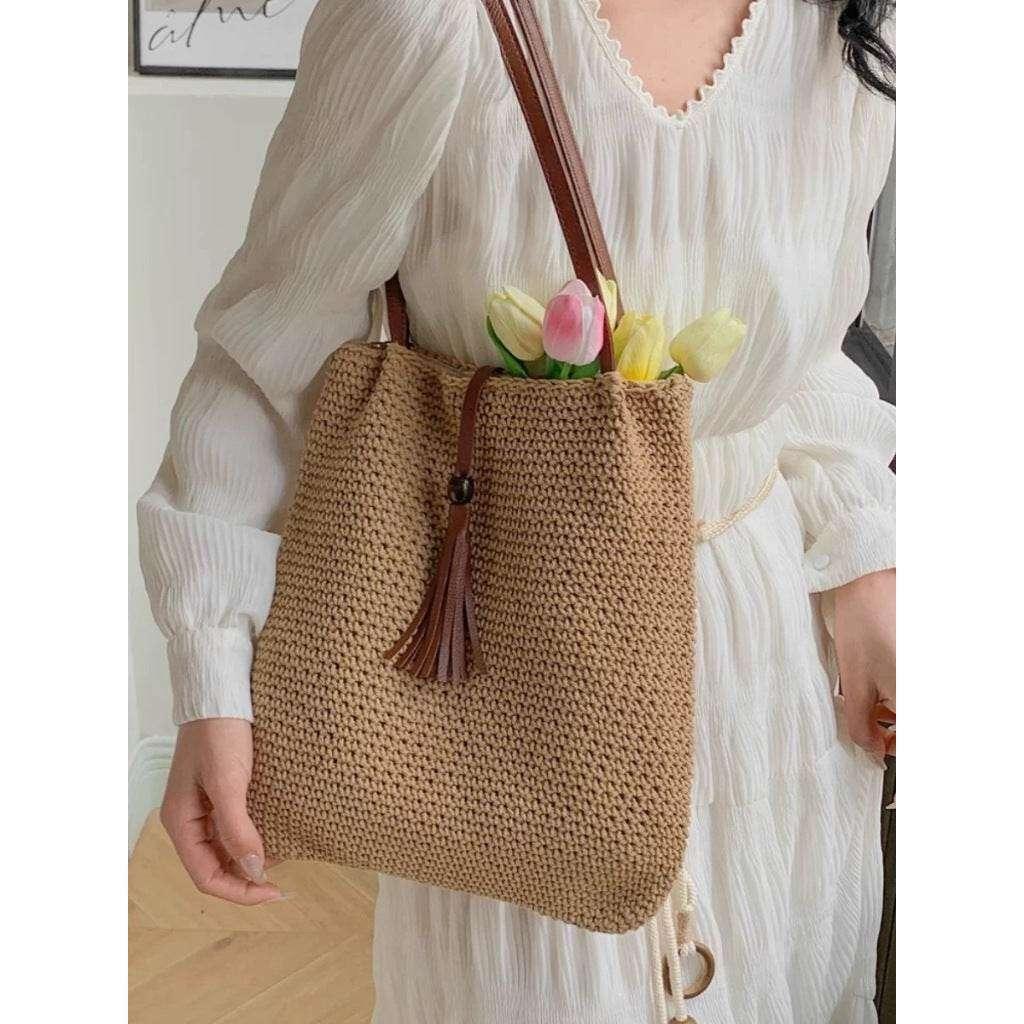 Korean Style Cotton Woven Shoulder Bag for Women - Handmade with Lining & Magnetic Closure, 30cm x 25cm