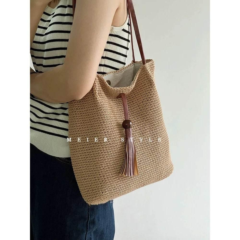 Korean Style Cotton Woven Shoulder Bag for Women - Handmade with Lining & Magnetic Closure, 30cm x 25cm