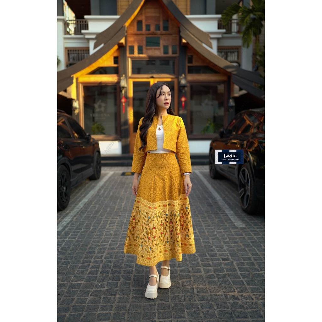 New Arrival: Cotton Wrap Blouse &amp; Skirt Set with Khit Print &amp; Short Hem | Traditional Lanna Style in 2 Colors One-Sake.com ชมพู / L ชมพู / S ชมพู / M ชมพู / S-ชมพู / M-ชมพู / L-ชมพู / XL-เหลือง / S-เหลือง / M-เหลือง / L-เหลือง / XL-