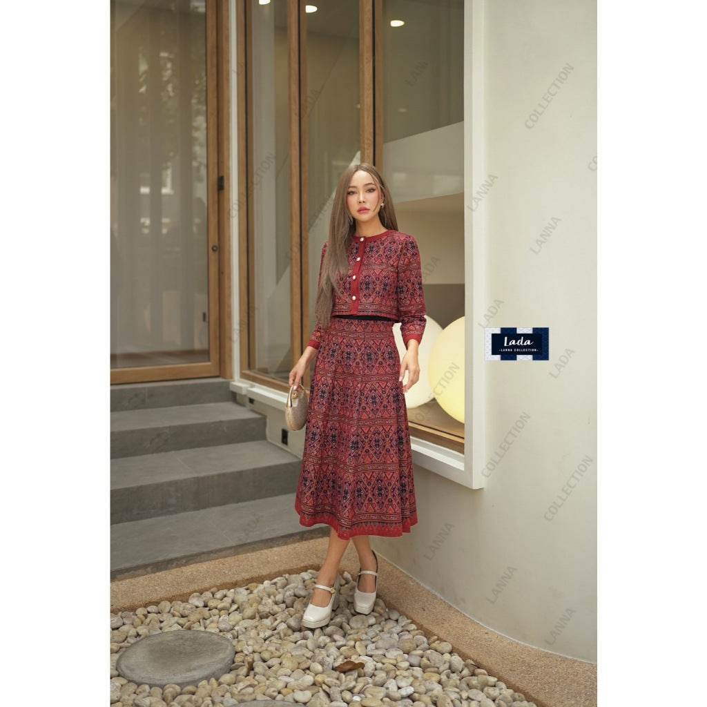Elegant Long Sleeve Wrap Top &amp; 8-Piece Pleated Skirt Set – Old Praewa Pattern | Short Length Cotton Outfit in 3 Colors One-Sake.com แดง / L แดง / S แดง / M แดง / S-แดง / M-แดง / L-แดง / XL-นำเงิน / S-นำเงิน / M-นำเงิน / L-นำเงิน / XL-กรม / S-กรม / M-กรม / L-กรม / XL-