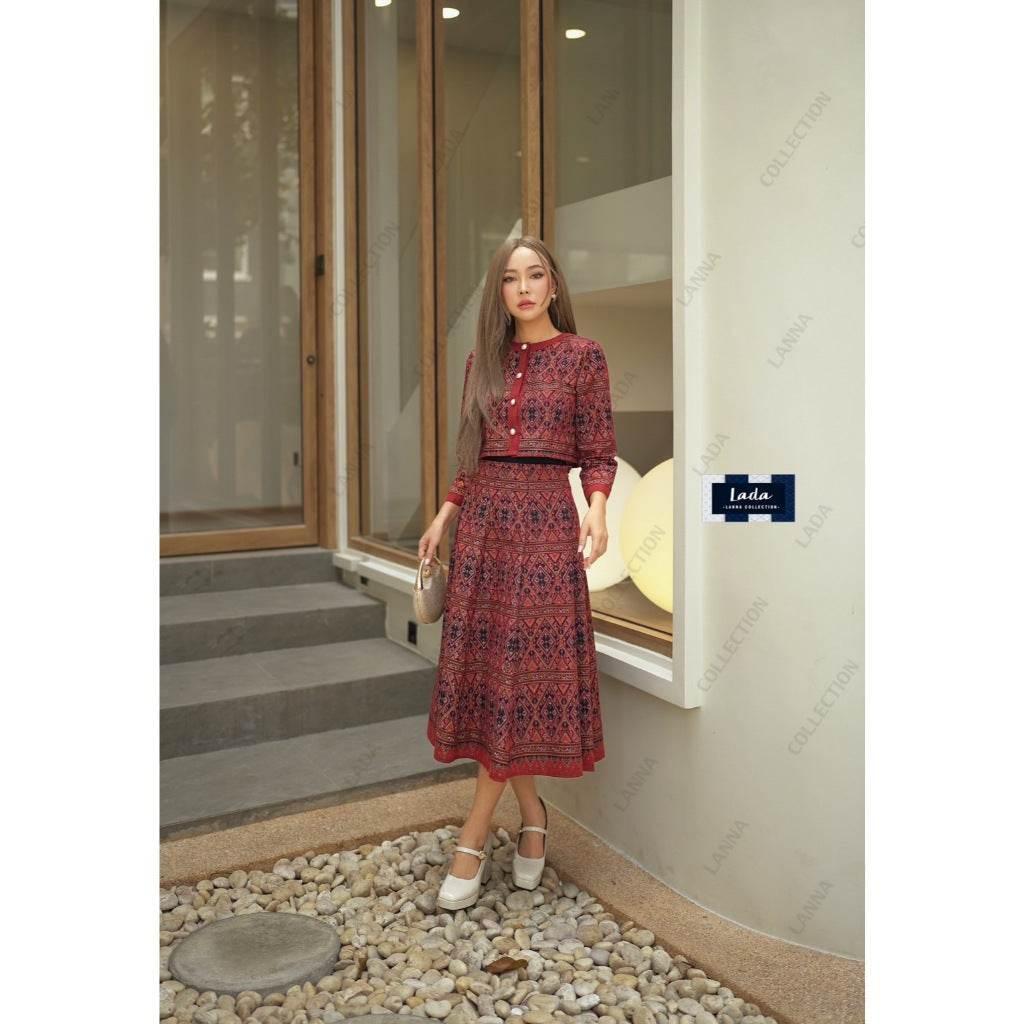 Elegant Wrap Top and Skirt Set in Old Praewa Pattern | 8-Piece Pleated Skirt Outfit Available in 3 Colors