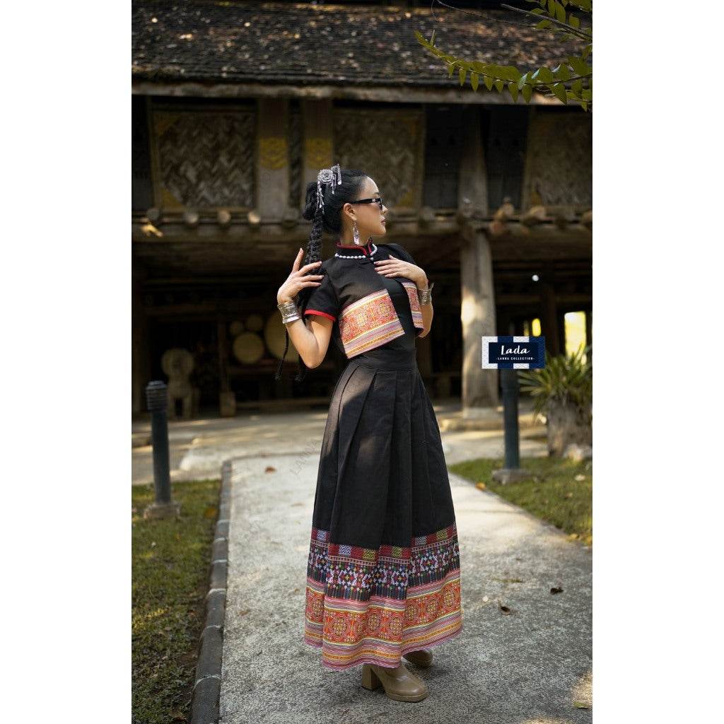 Chinese Miao Pattern Cotton Wrap Top &amp; Pleated Skirt Set – 4 Colors | Flattering 2-Piece Outfit for Women One-Sake.com L S M S-M-L-XL-