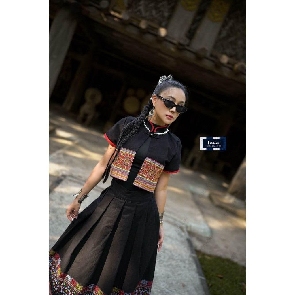 Hmong-Inspired Cotton Set - Stylish 2-Piece Wrap Top & Pleated Skirt for Women in S–XL Sizes