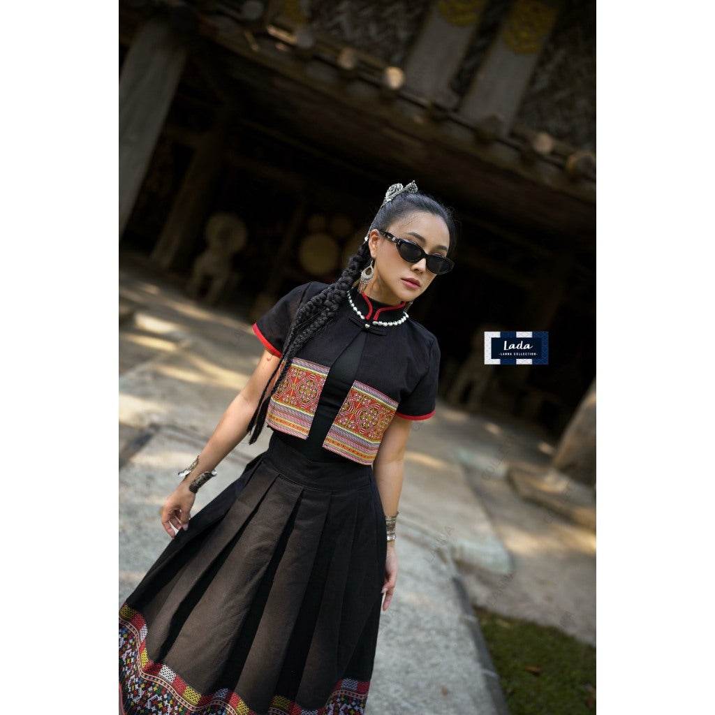 Chinese Miao Pattern Cotton Wrap Top &amp; Pleated Skirt Set – 4 Colors | Flattering 2-Piece Outfit for Women One-Sake.com L S M S-M-L-XL-