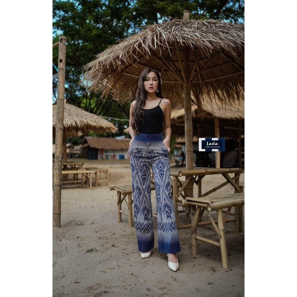 High-Waisted Thai Print Cotton Pants - Slim Fit Trousers with Side Pockets, 39" Length, Available in S–XL Sizes
