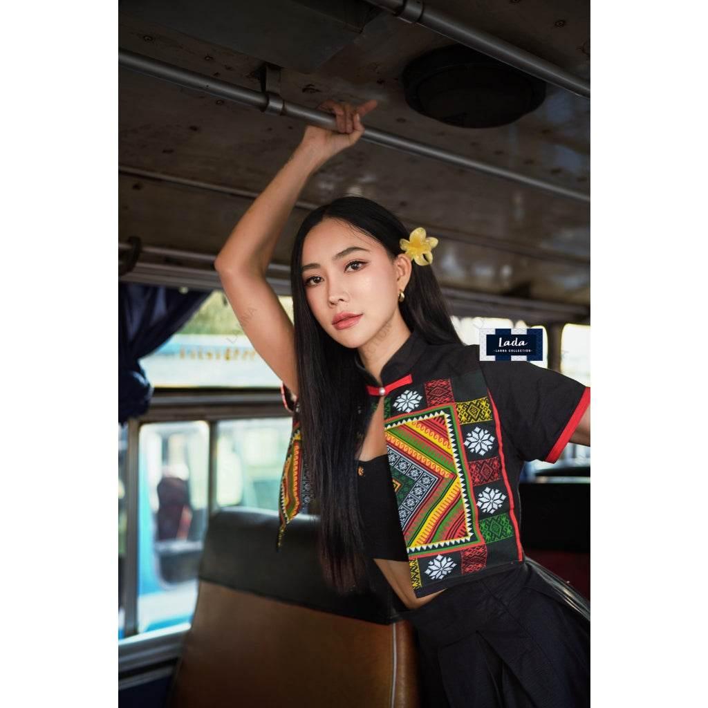 New Black Thai Pattern Cotton Set - Mandarin Collar Top & Skirt in Cream & Black | Women's Sizes S–XL