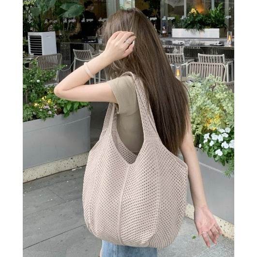 New Korean Style Handwoven Tote Bag – Large Cotton Shoulder Bag with 25cm Strap | Handmade Crafted Design for Women One-Sake.com yellow white off khaki white off-khaki-yellow-