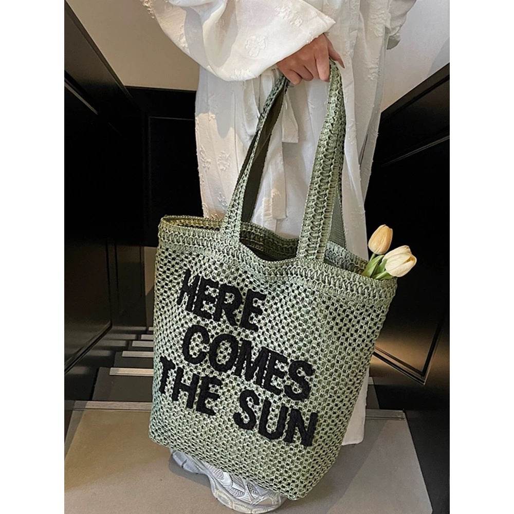 Large Handwoven English Letter Tote Bag for Women – Spacious Cotton Rope &amp; Natural Fiber Shoulder Bag | 39cm x 41cm Travel &amp; Daily Use One-Sake.com green khaki white off khaki-white off-green-