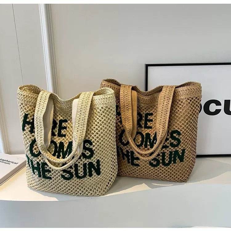 Large Handwoven English Letter Tote Bag for Women – Spacious Cotton Rope &amp; Natural Fiber Shoulder Bag | 39cm x 41cm Travel &amp; Daily Use One-Sake.com green khaki white off khaki-white off-green-