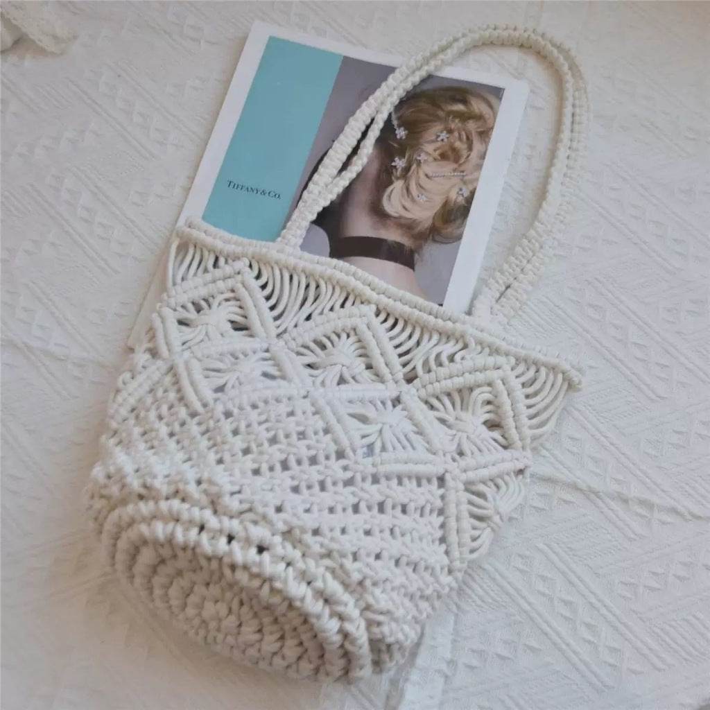 New Korean Style Handwoven Ladies Bag – Cotton Wicker Tote with Inner Pocket | Shoulder Size 28cm for Women One-Sake.com สีกากี สีขาวนวล สีกากี-สีขาวนวล-