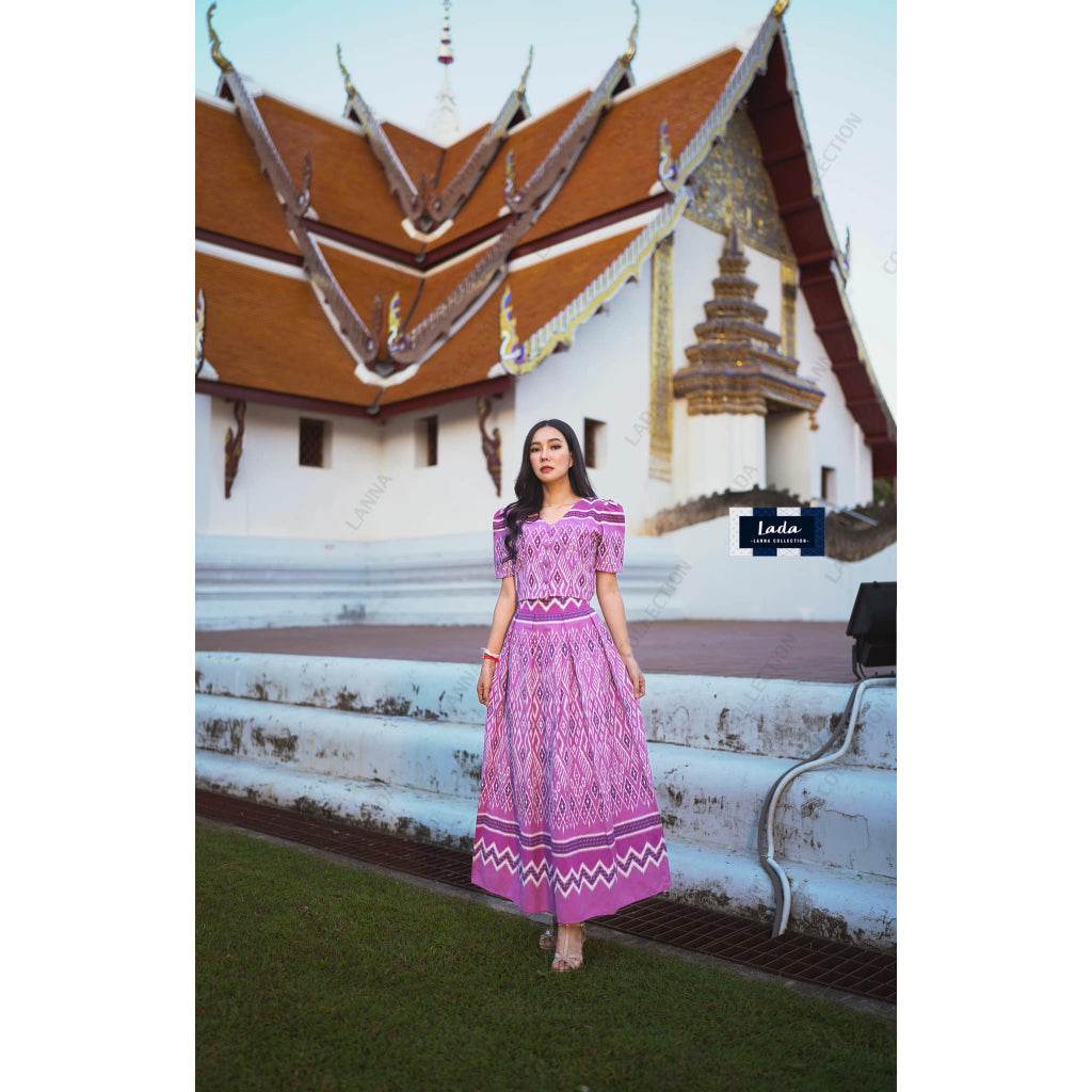 Pastel Print Cotton Set with Button Top &amp; Pleated Skirt – S–XL Sizes | Traditional Thai-Inspired Outfit for Women One-Sake.com ม่วง / L ม่วง / S ม่วง / M ม่วง / S-ม่วง / M-ม่วง / L-ม่วง / XL-ฟ้า / S-ฟ้า / M-ฟ้า / L-ฟ้า / XL-ชมพู / S-ชมพู / M-ชมพู / L-ชมพู / XL-