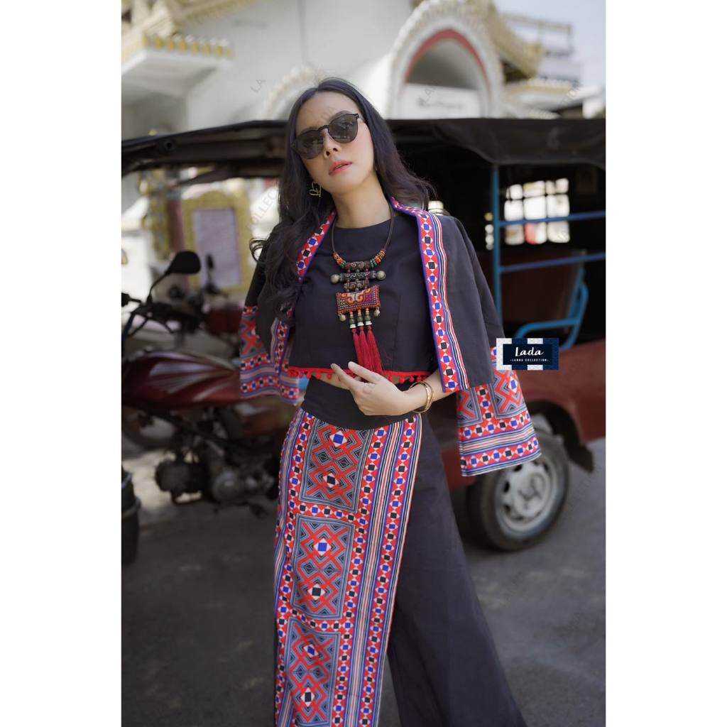 New Ethnic Embroidery Wrap Top &amp; High-Waisted Pants Set – Cream &amp; Black | 2-Piece Cotton Outfit for Women One-Sake.com ดำ / L ดำ / S ดำ / M ดำ / S-ดำ / M-ดำ / L-ดำ / XL-ขาว / S-ขาว / M-ขาว / L-ขาว / XL-