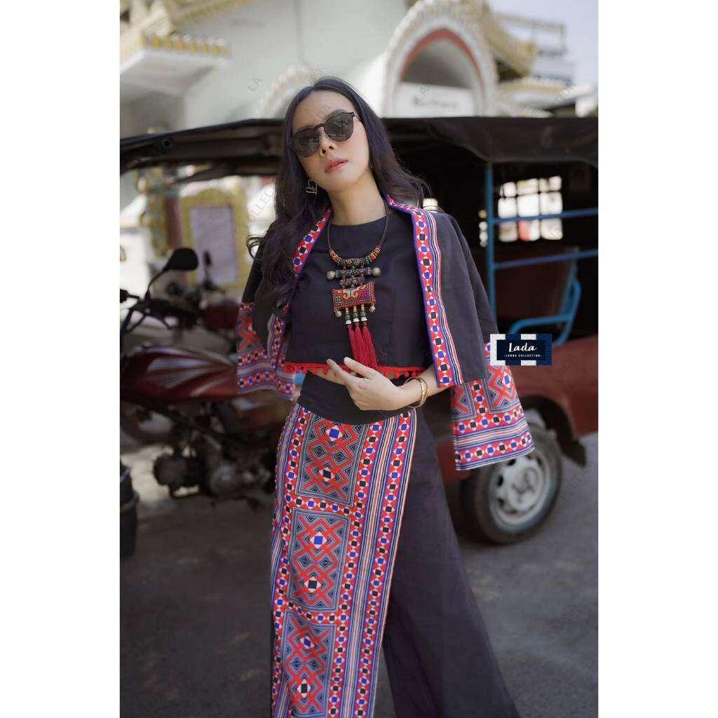 New Ethnic Embroidery Top and Pants Set - Cream & Black High-Waisted Cotton Outfit for Women ดำ