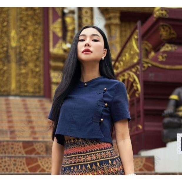 New Tai Yai Cotton Blouse | Traditional Thai Top for Women in 5 Colors, Sizes S–XL กรม