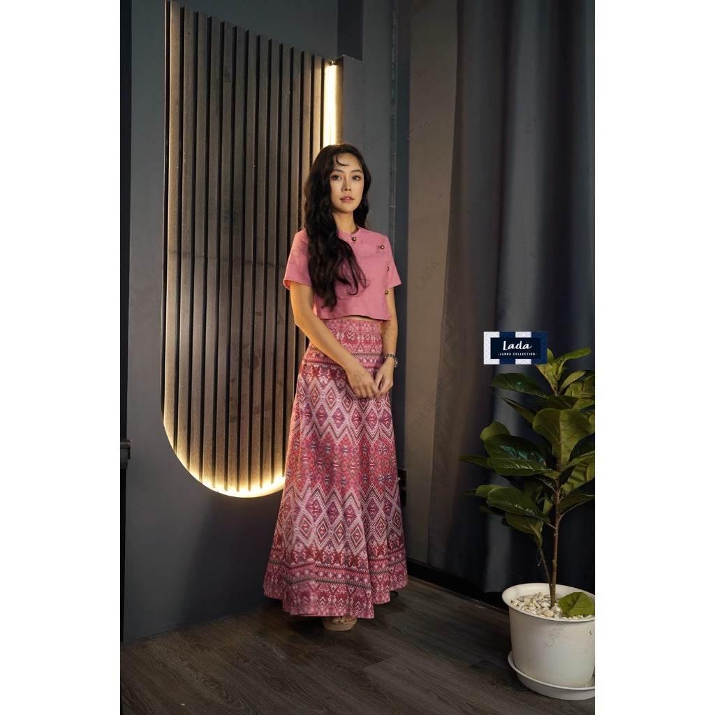 New Pink Cotton Skirt Set - Praewa Phan Maha Print 6-Piece Women's Crop Top & Pleated Outfit | Sizes S–XL