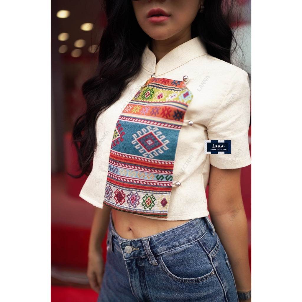 New Cream &amp; Black Stiffened Cotton Mandarin Collar Blouse – Tai Lue Woven Pattern | S–XL Sizes for Women One-Sake.com ดำ / L ดำ / S ดำ / M ดำ / S-ดำ / M-ดำ / L-ดำ / XL-ครีม / S-ครีม / M-ครีม / L-ครีม / XL-