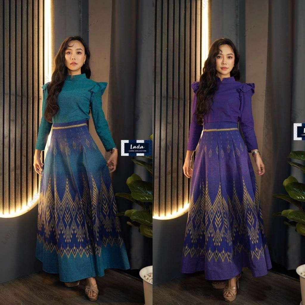 New Pine Pattern Cotton Set - 8-Piece Wing Sleeve Top & Light Purple Ocean Blue Skirt for Women in S–XL Sizes