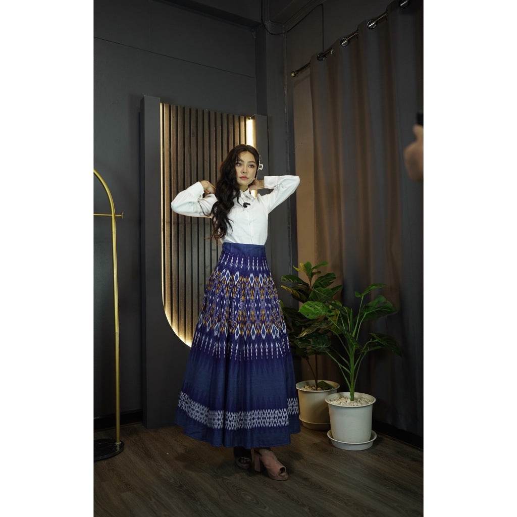 White Shirt &amp; 8-Piece Khao Lam Duan Print Skirt Set – Traditional Thai Cotton Outfit | S–XL Sizes for Women One-Sake.com L S M S-M-L-XL-