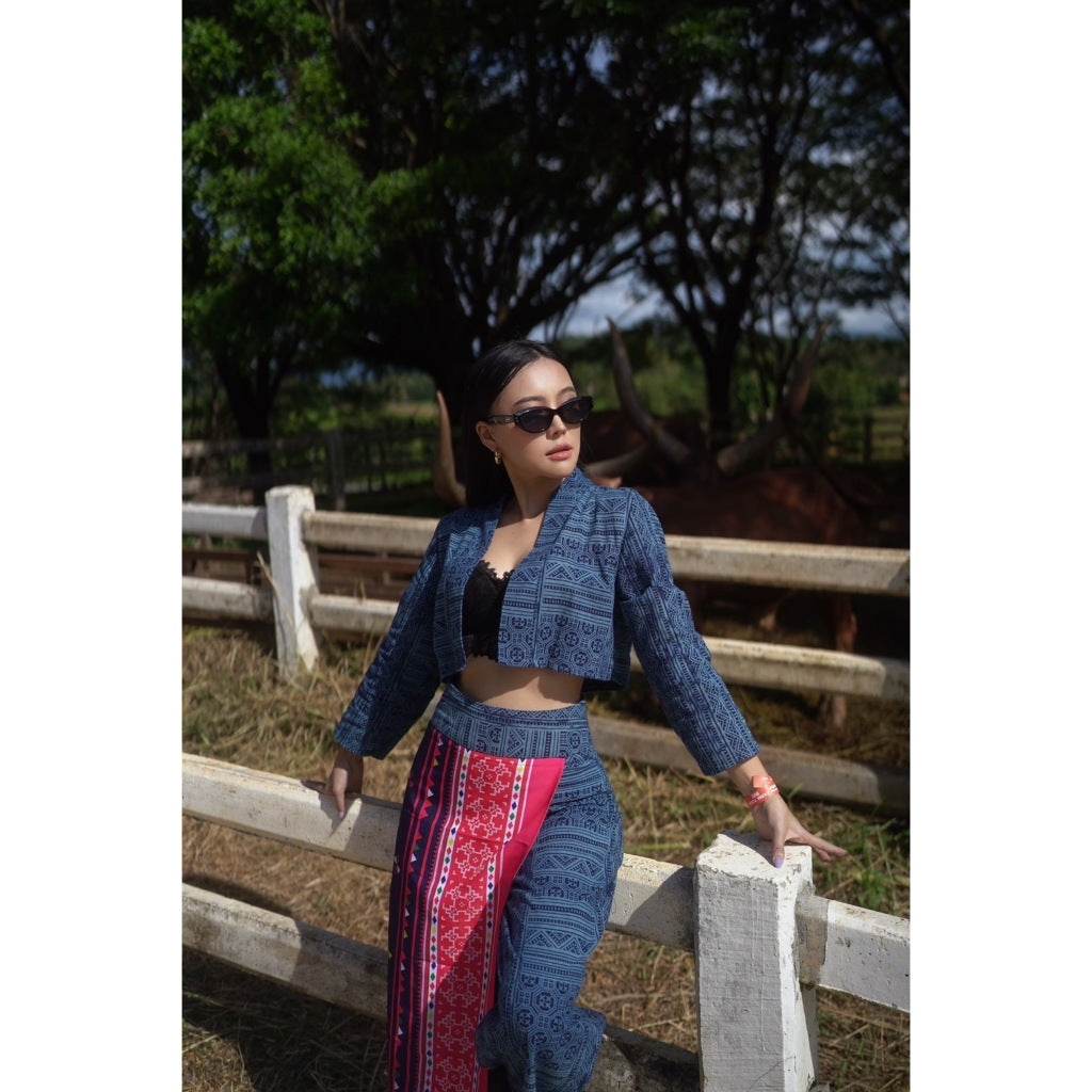 Batik-Inspired Wrap Top &amp; High-Waisted Pants Set – Cotton Ethnic Print Outfit with Embroidery Design | S–XL Sizes for Women One-Sake.com L S M S-M-L-XL-