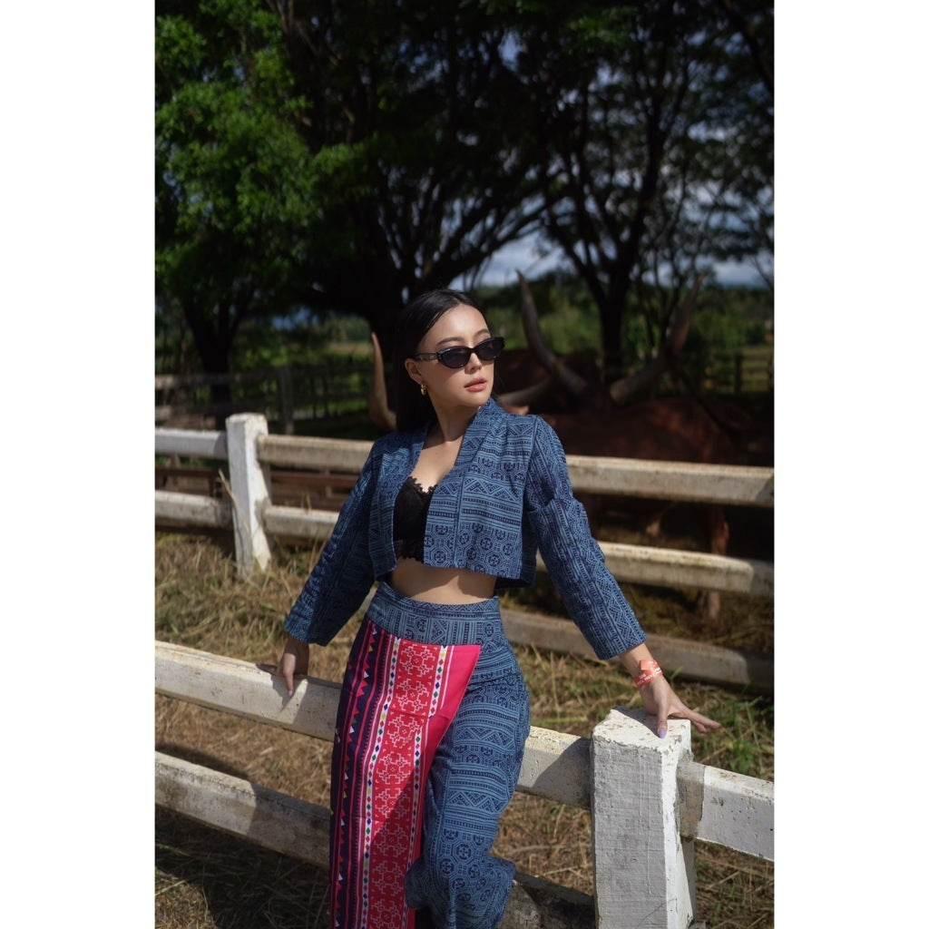 Batik-Inspired Women Outfit: Cotton Wrap Top and High-Waisted Pants Set in S–XL Sizes with Embroidered Ethnic Print